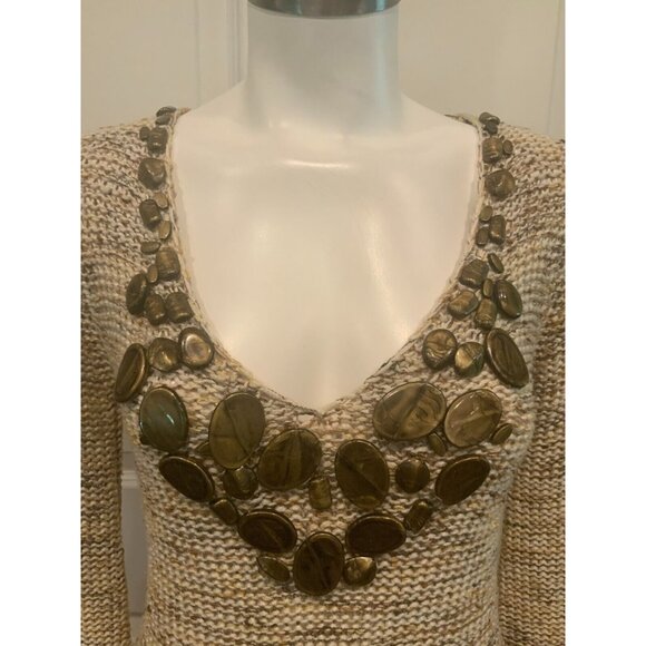 BCBG Max Azria Tan Loose Knit V-Neck Sweater W/ Beaded Neckline, Size Small - Picture 2 of 7